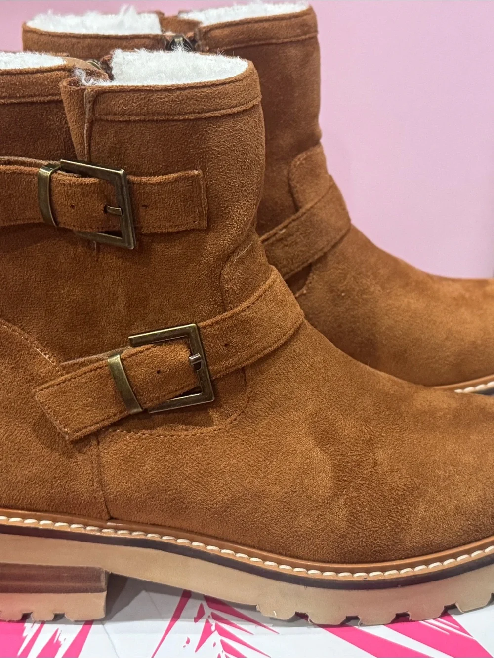 Suede Buckle Ankle Boots - Tan